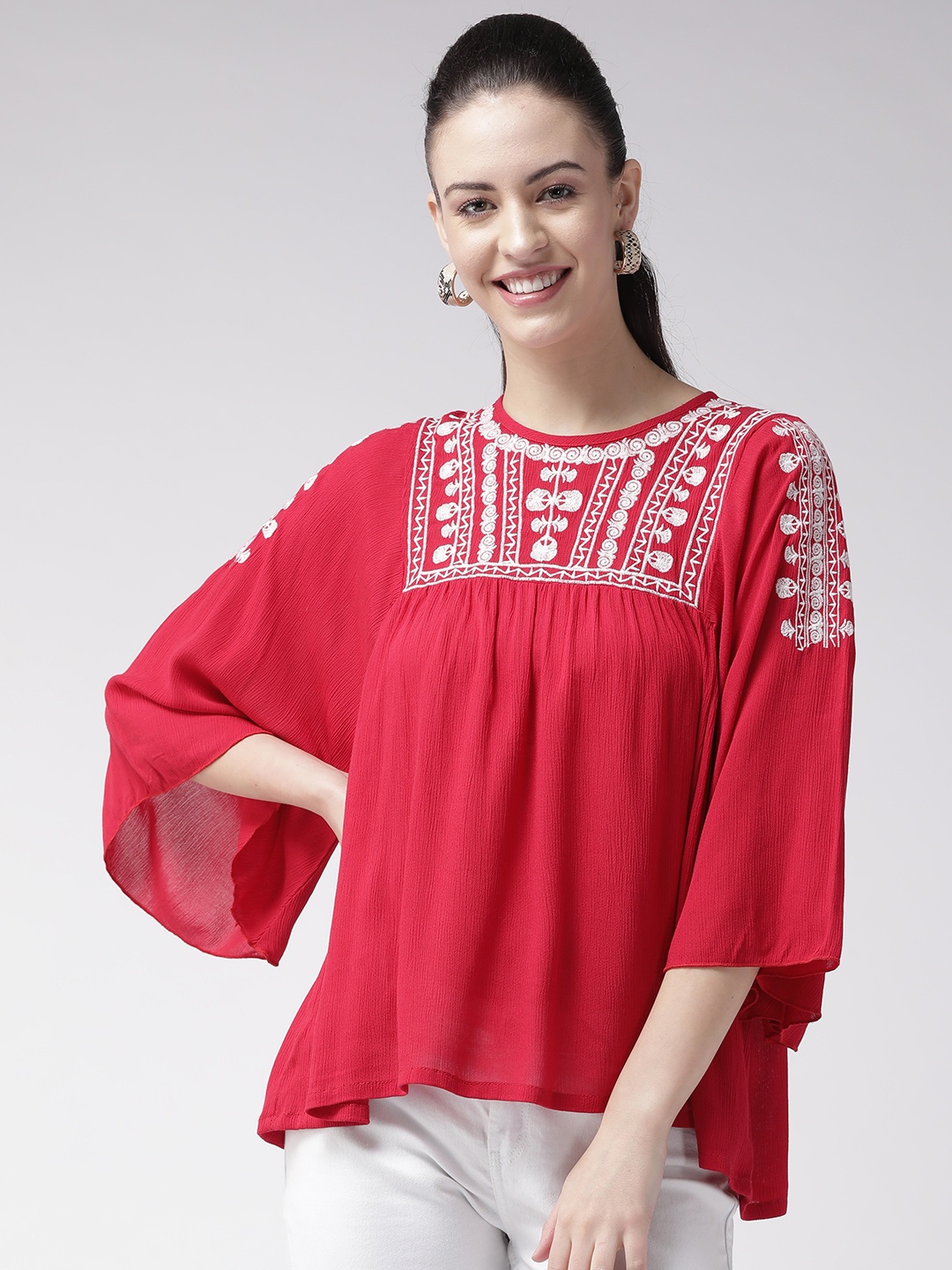 

plusS Women Red & White Embroidered A-Line Top