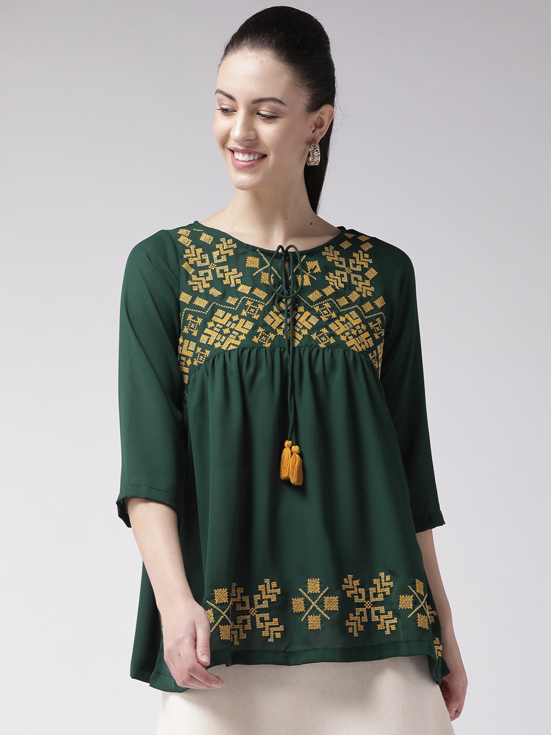 

plusS Women Green & Yellow Embroidered A-Line Top