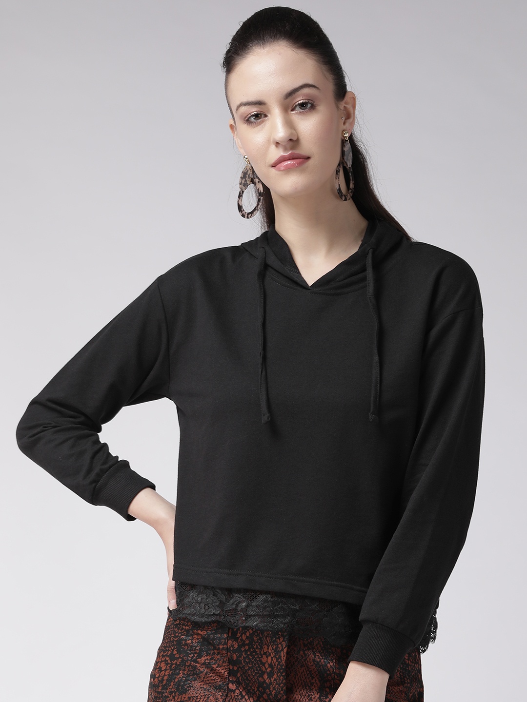 

plusS Women Black Solid Hooded Sweatshirt
