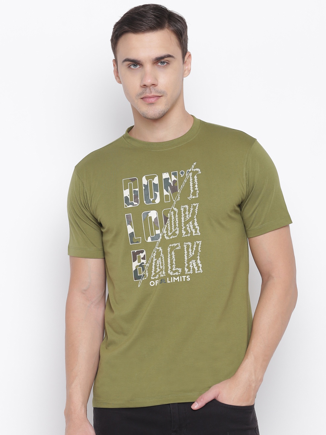 

OFF LIMITS Men Olive Green Printed Round Neck T-shirt