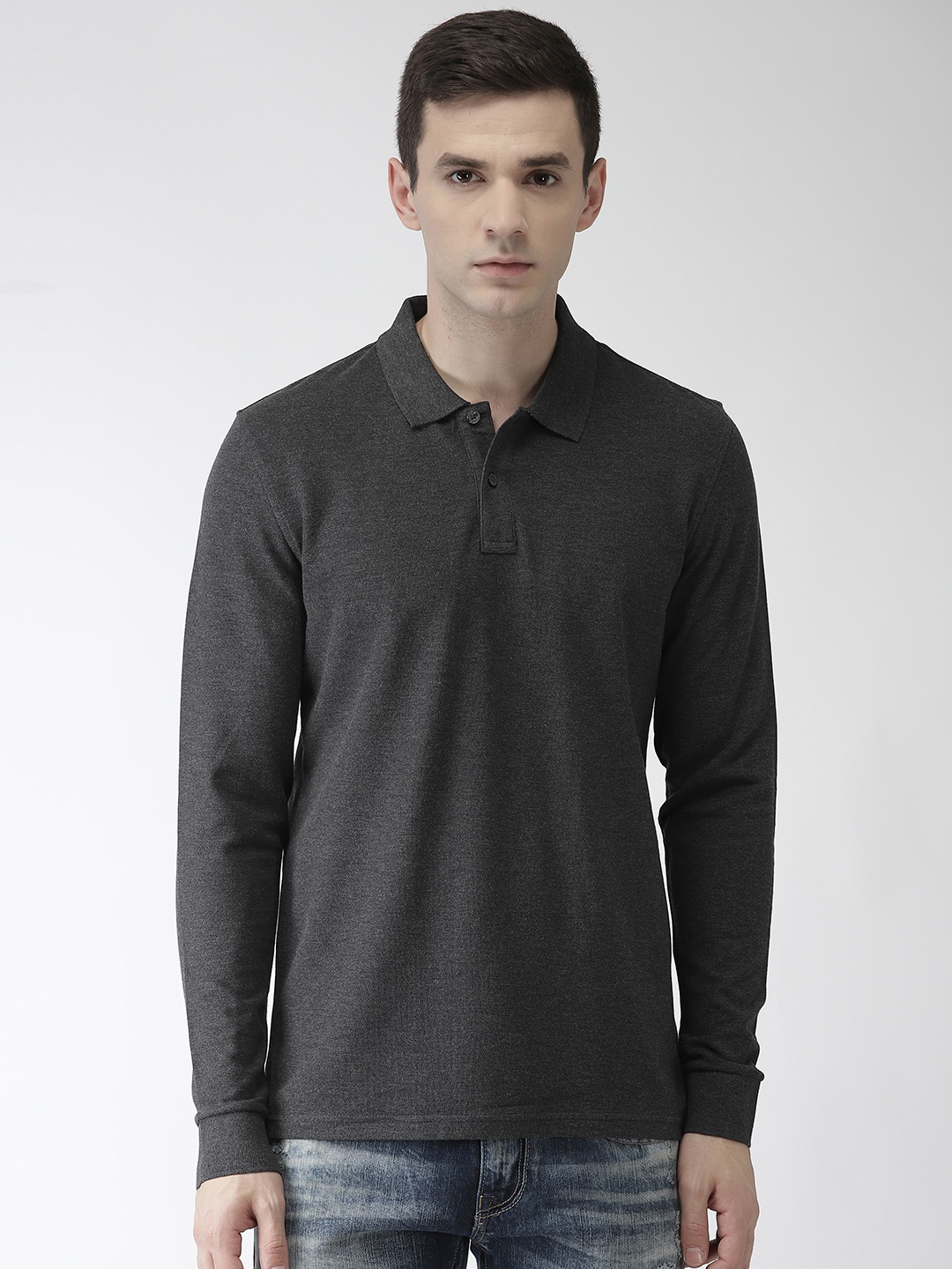 

Marks Spencer Men Charcoal Grey Solid Polo Collar Pure Cotton T-shirt