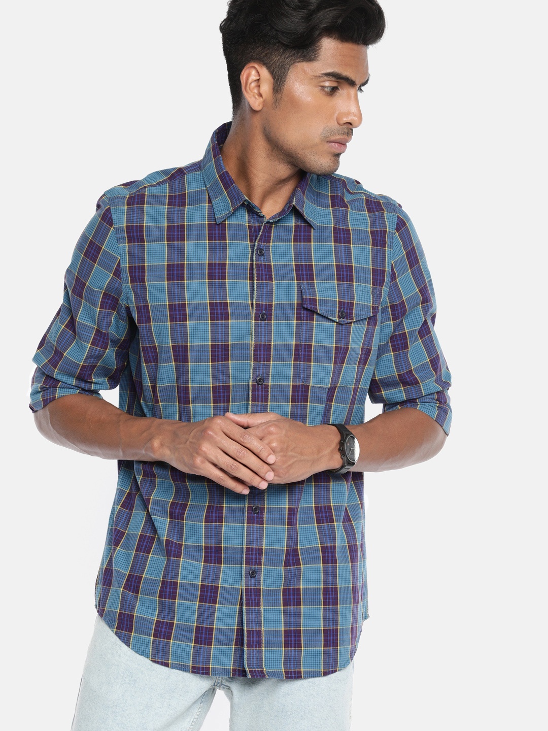 

AMERICAN EAGLE OUTFITTERS Men Blue & Purple Slim Fit Checked Casual Shirt