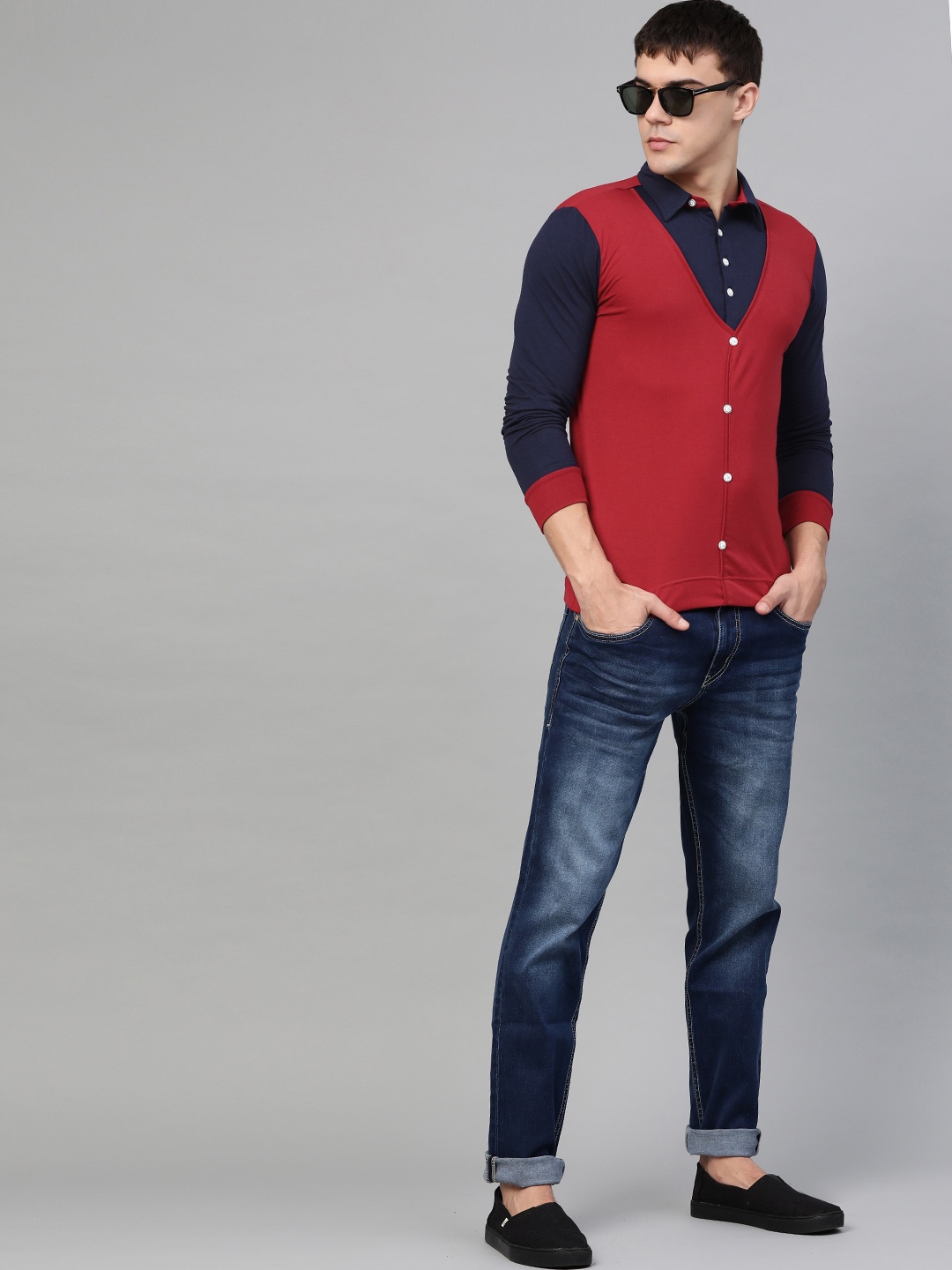 

Seven Rocks Men Maroon & Navy Colourblocked Polo Collar T-shirt