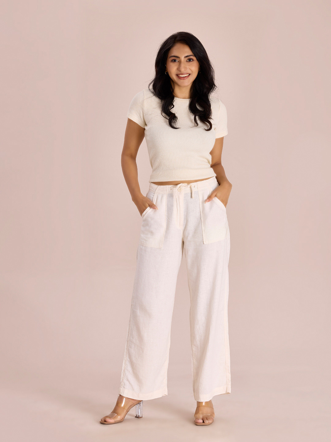 

Go Colors Women Off-White Relaxed Fit Solid Parallel Trousers