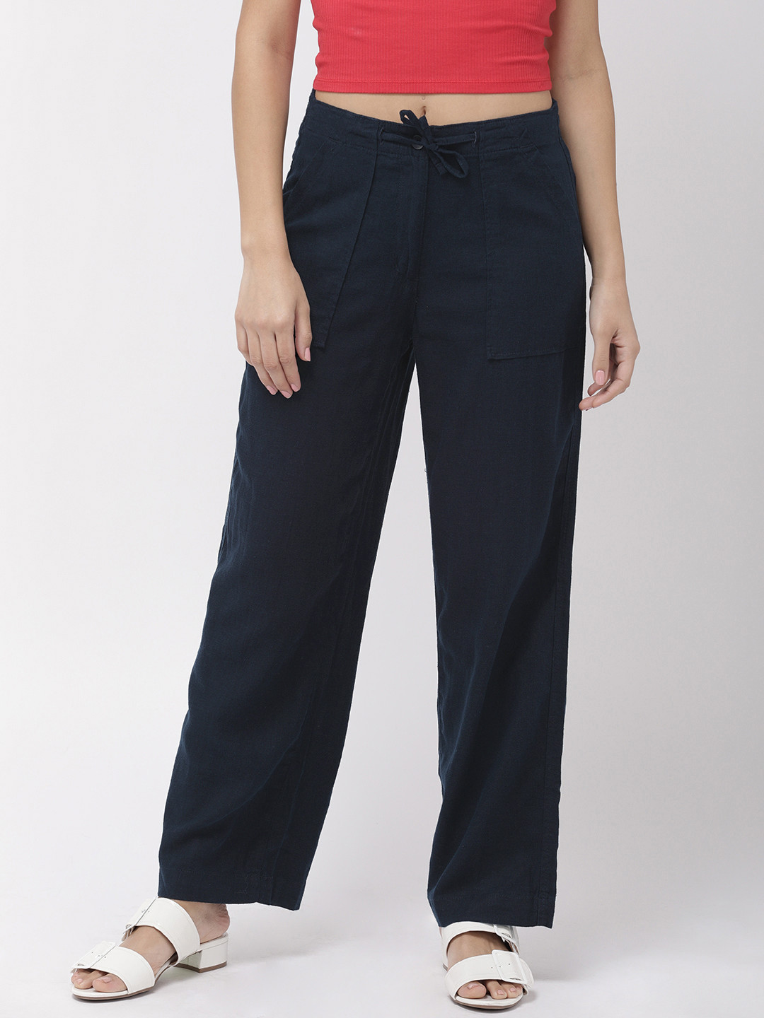 

Go Colors Women Navy Blue Relaxed Fit Solid Parallel Trousers