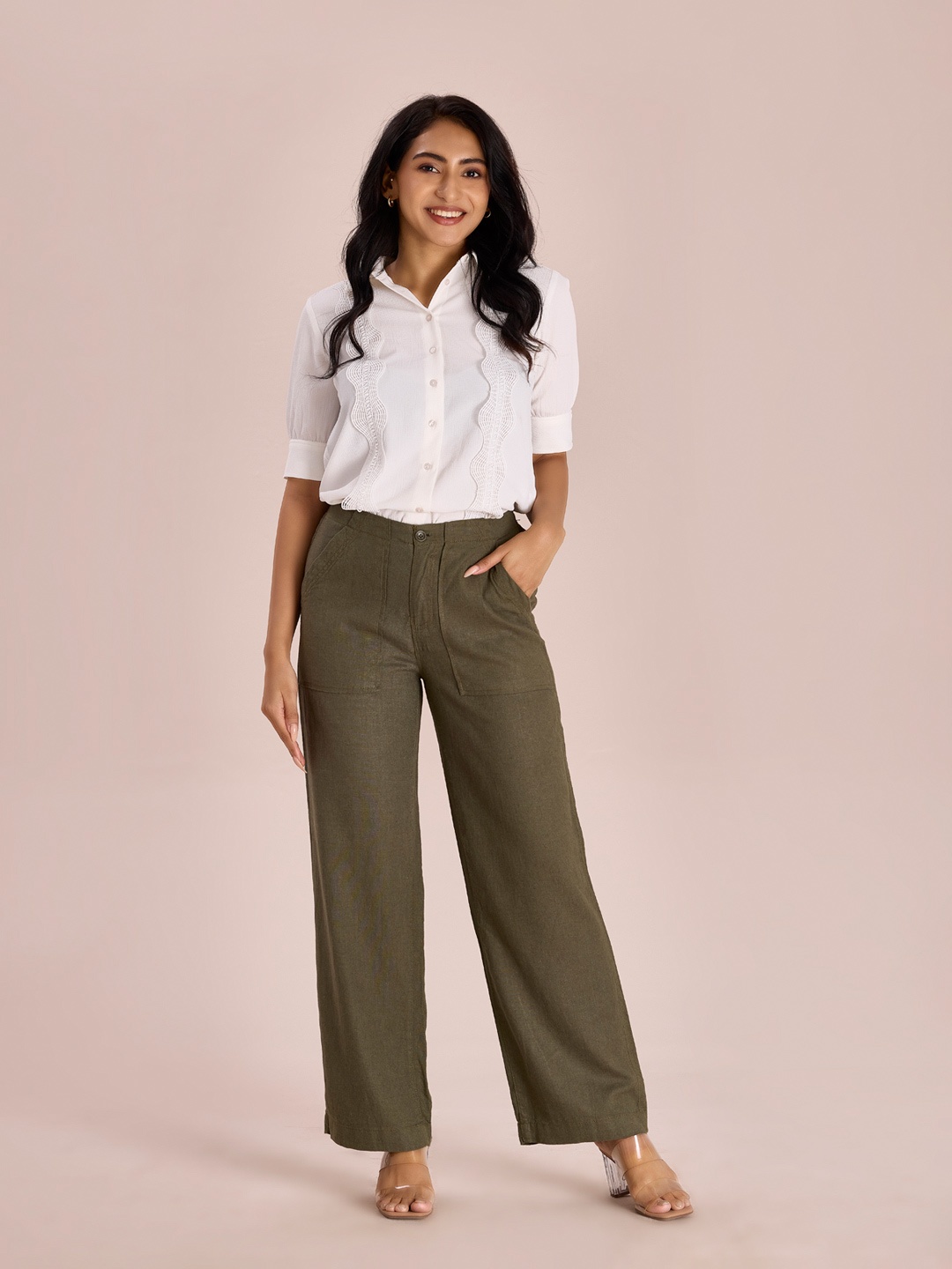 

Go Colors Women Olive Green Solid Relaxed Fit Solid Parallel Trousers