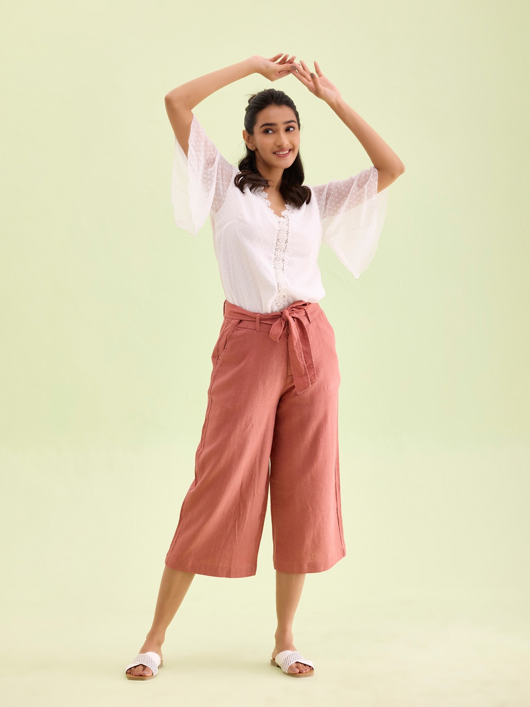 

Go Colors Women Peach-Coloured Wide Leg High Rise Solid Culottes