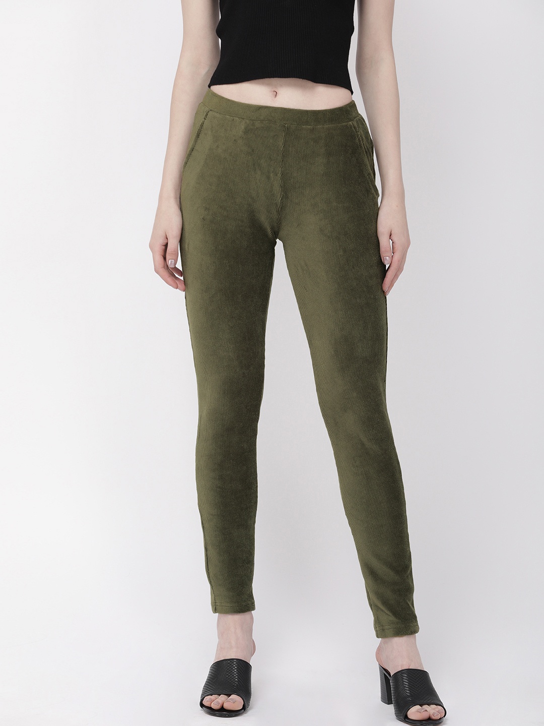 

Go Colors Women Olive Green Corduroy Treggings