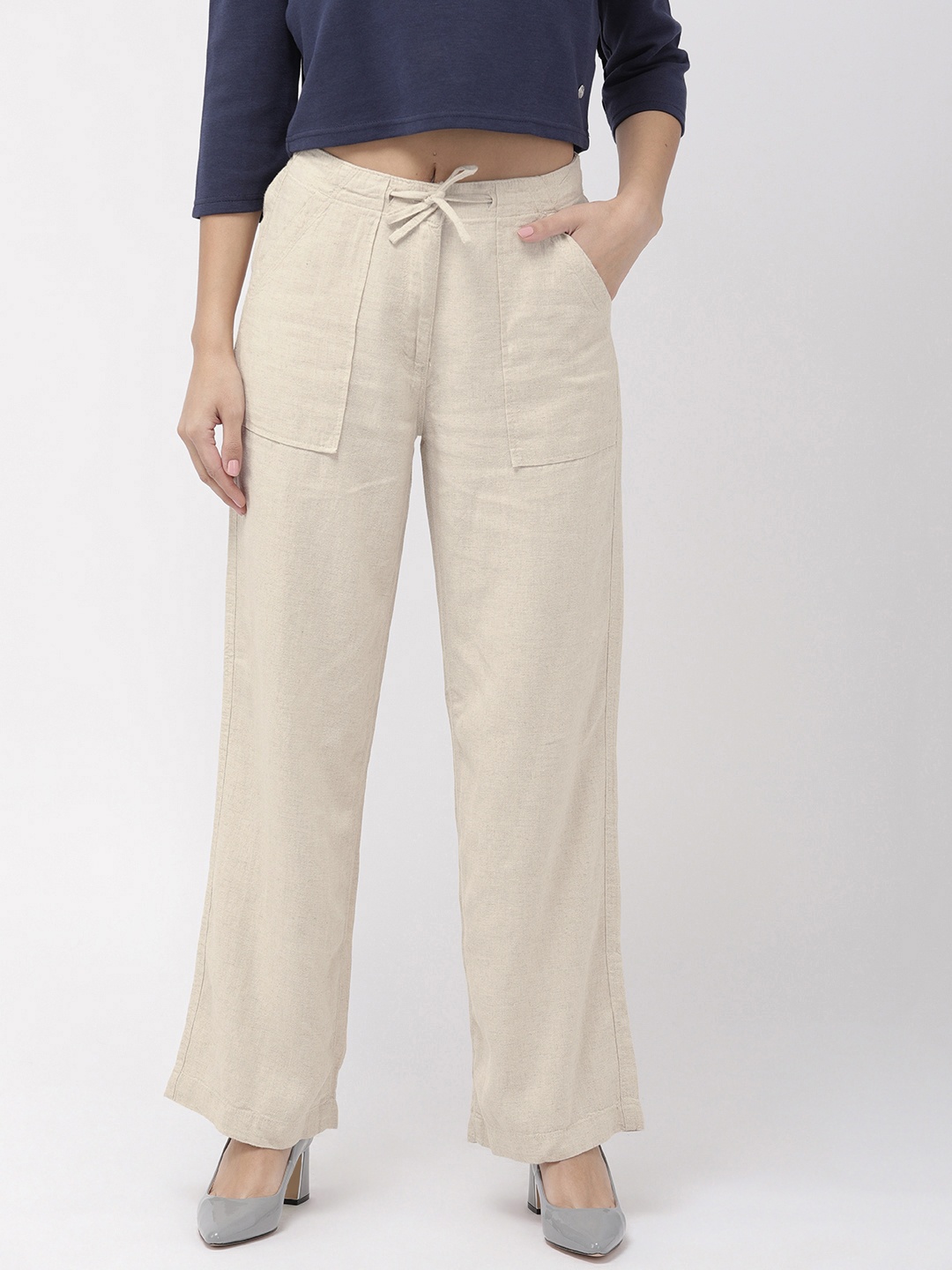 

Go Colors Women Beige Solid Regular Fit Parallel Trousers