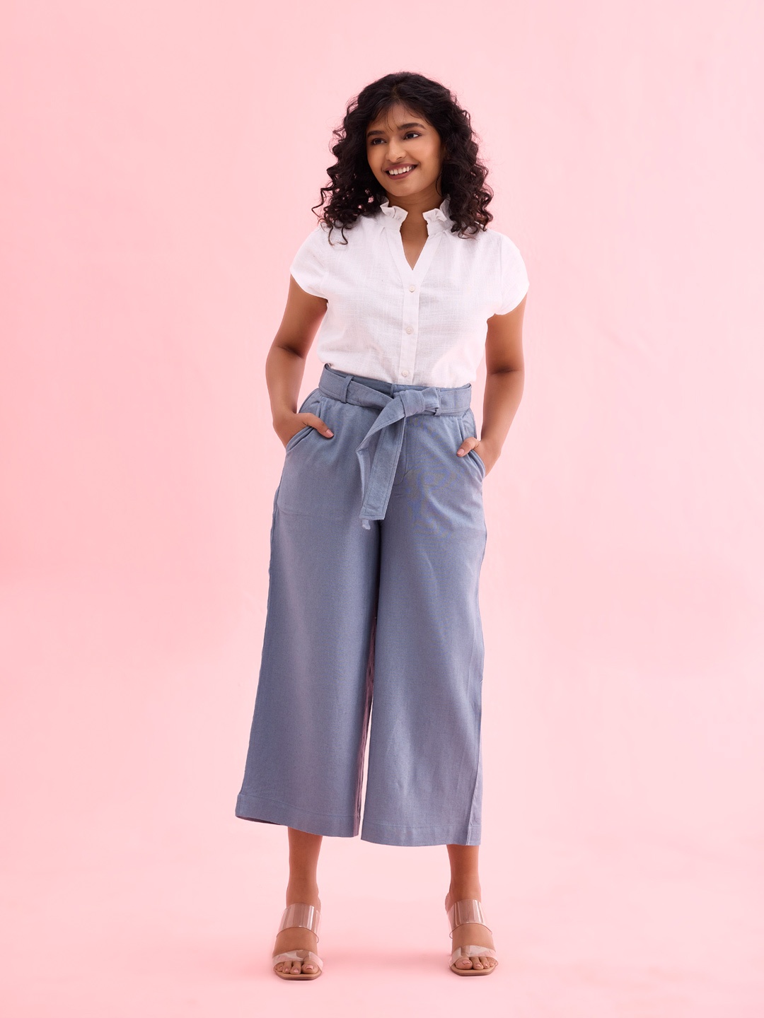 Go Colors Women Blue Wide Leg High Rise Solid Culottes
