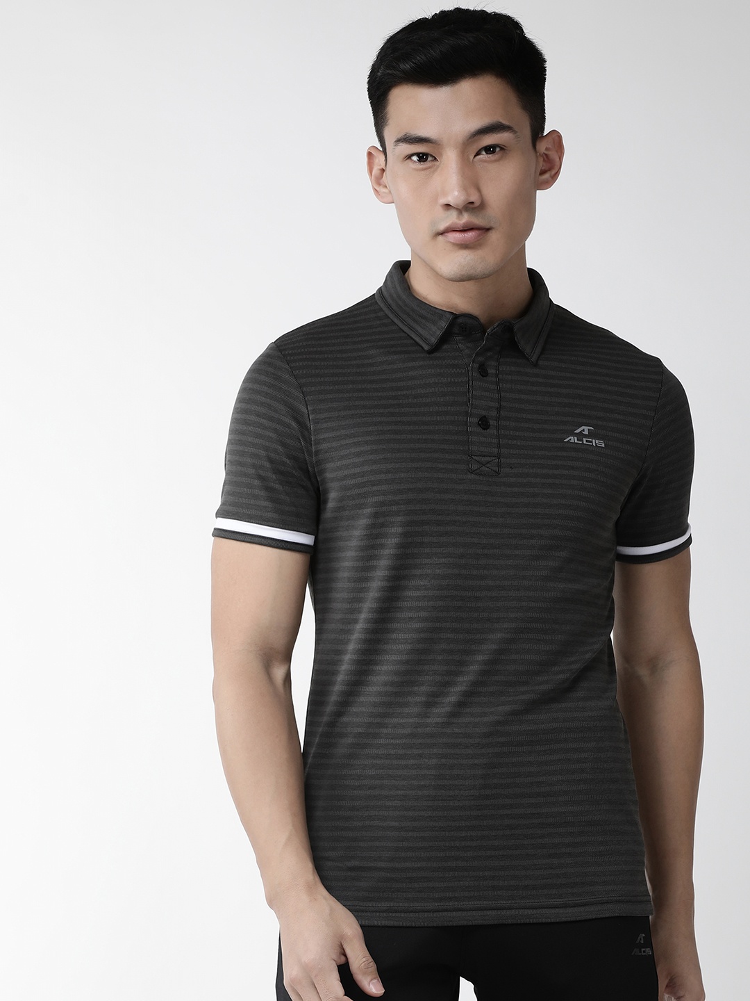 

Alcis Men Charcoal Grey Self Striped Polo Collar Outdoor T-shirt