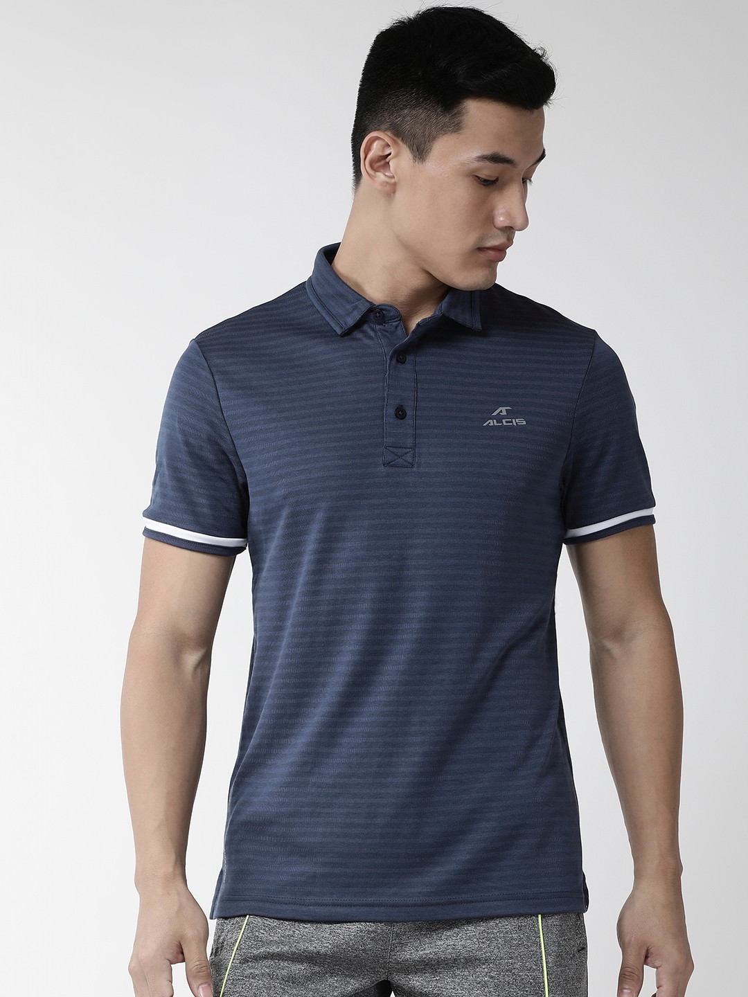 

Alcis Men Navy Blue Self-Striped Polo Collar T-shirt