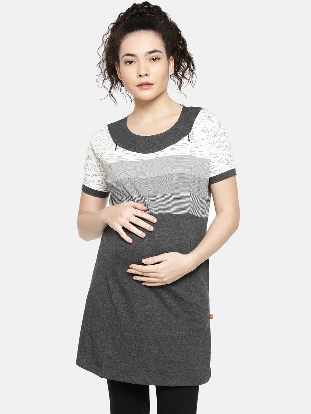 

GOLDSTROMS Women Off-White & Grey Colourblocked Round Neck Longline Maternity T-shirt