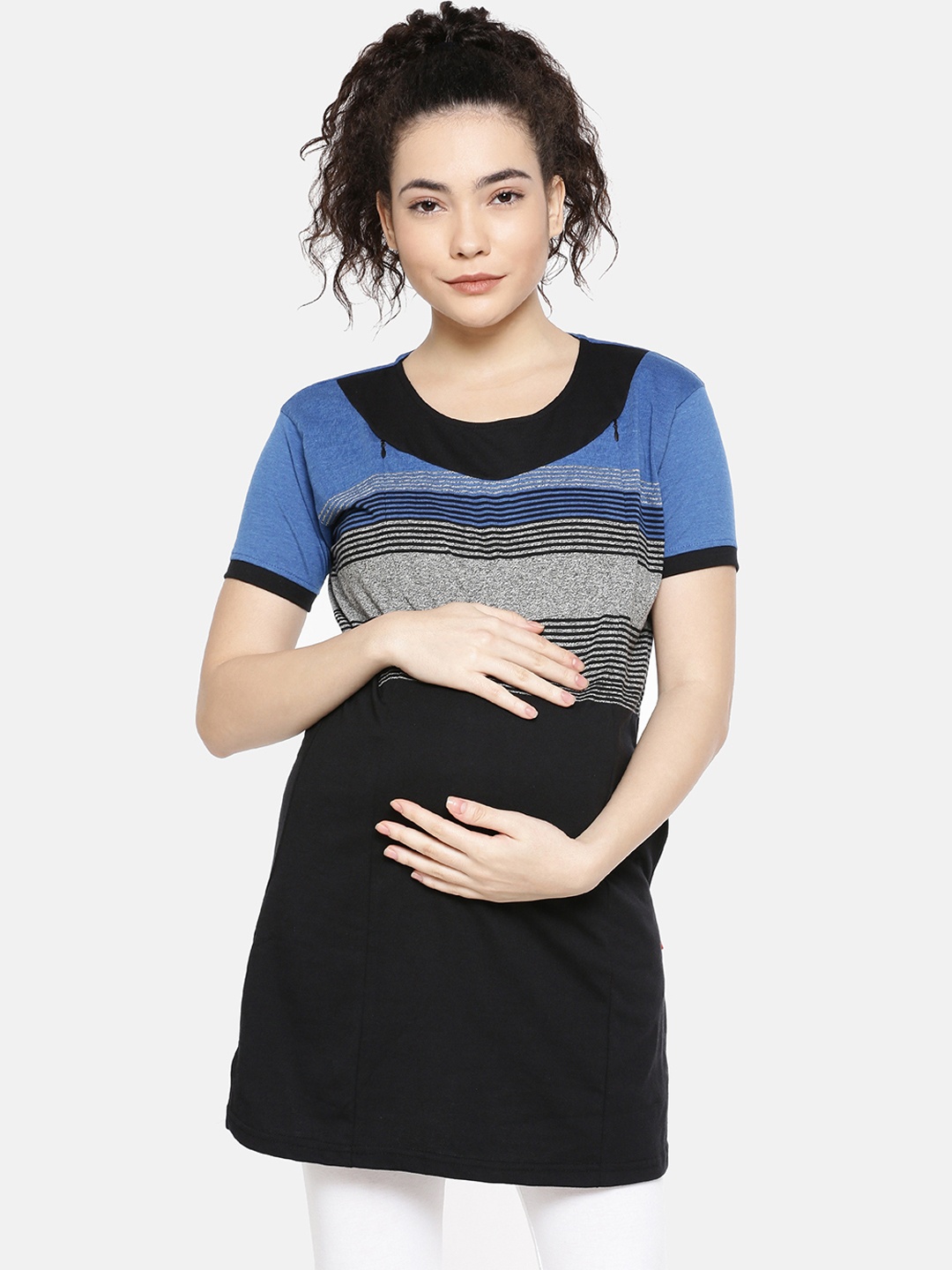 

GOLDSTROMS Women Blue & Black Colourblocked Round Neck Longline Maternity T-shirt