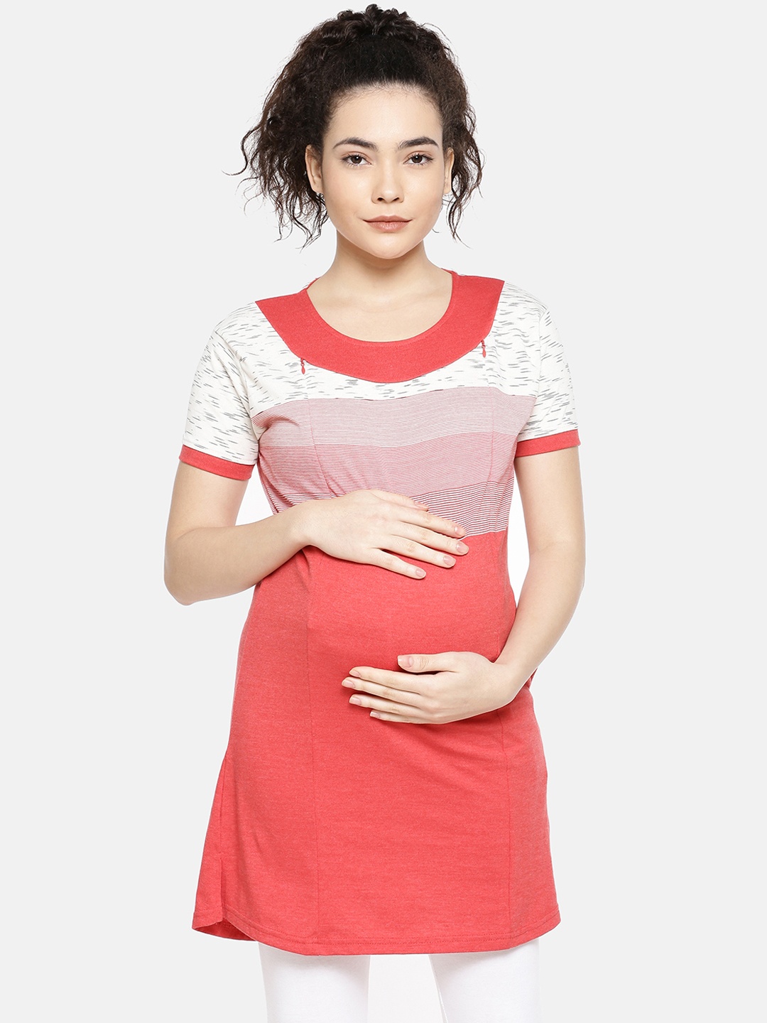 

GOLDSTROMS Women Peach-Coloured & Off-White Colourblocked Longline Maternity T-shirt