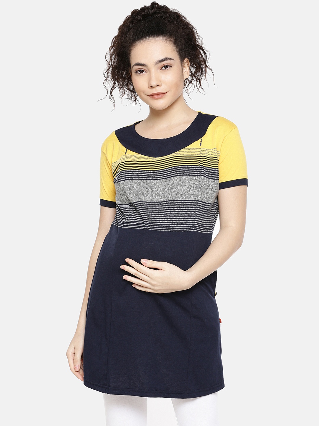 

GOLDSTROMS Women Yellow & Navy Blue Colourblocked Round Neck Longline Maternity T-shirt