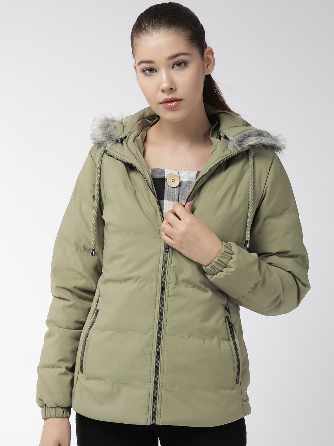 

Fort Collins Women Olive Green Solid Parka Jacket with Detachable Hood