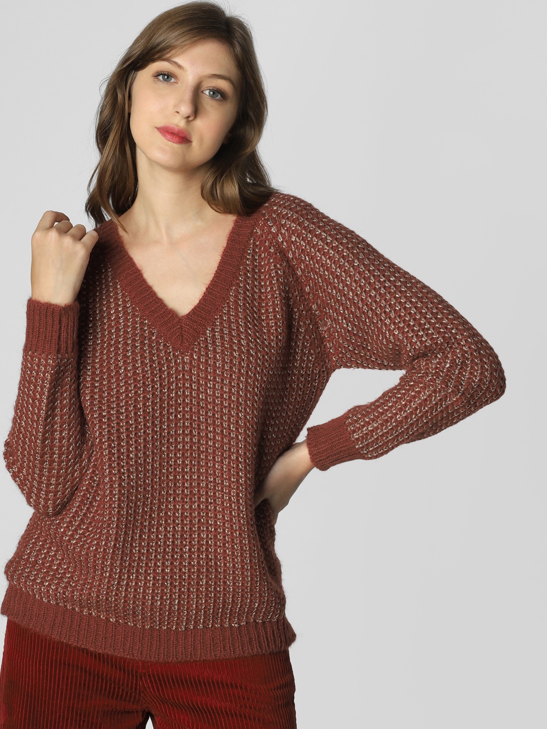 

Vero Moda Women Rust Brown & Gold-Toned Self Design Sweater