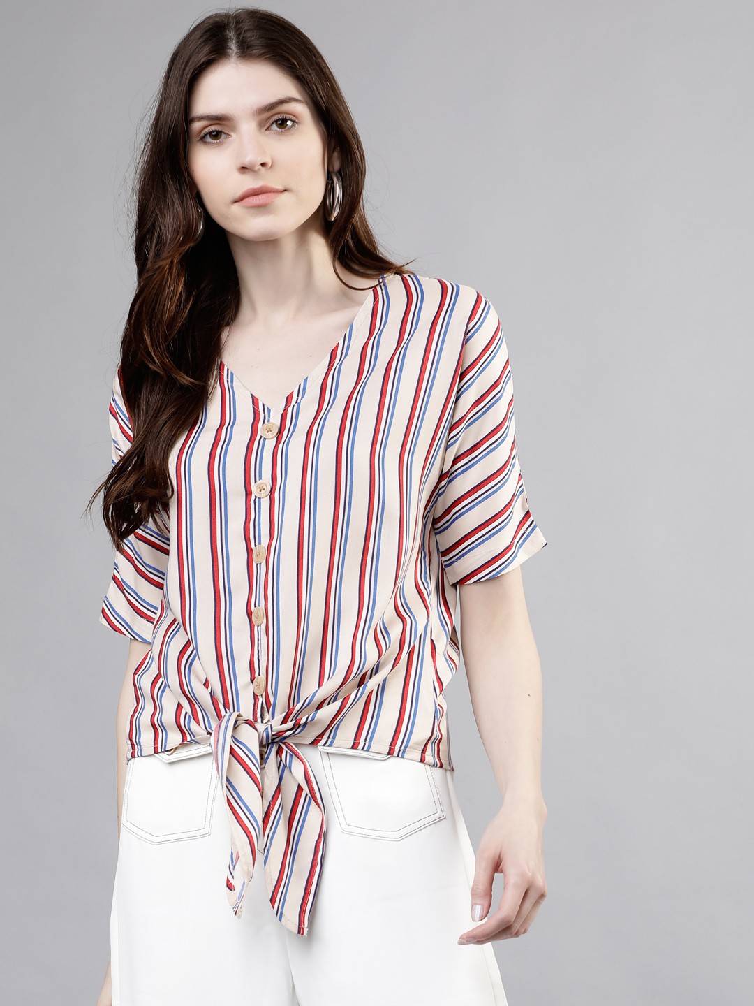 

Tokyo Talkies Women Beige & Red Striped Top