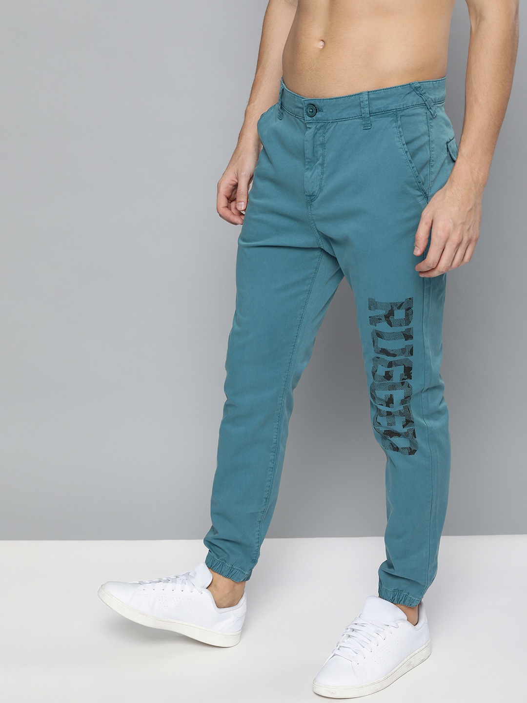 

HERE&NOW Men Teal Blue Slim Fit Printed Joggers