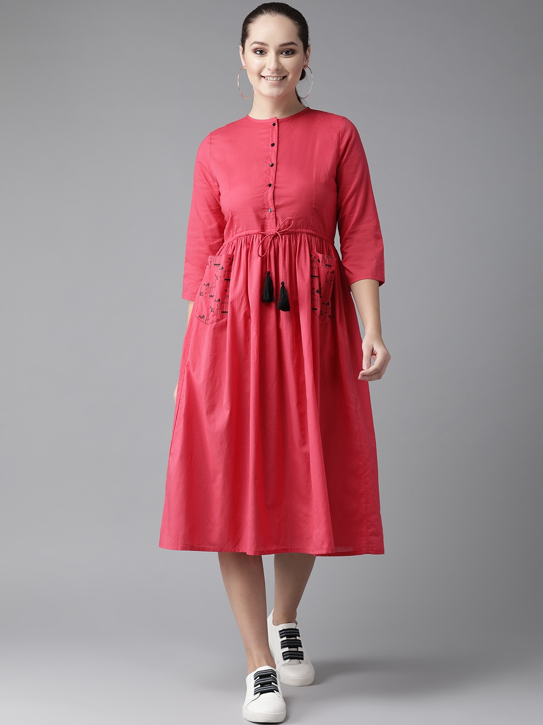 

Hubberholme Women Coral Pink Solid A-Line Dress