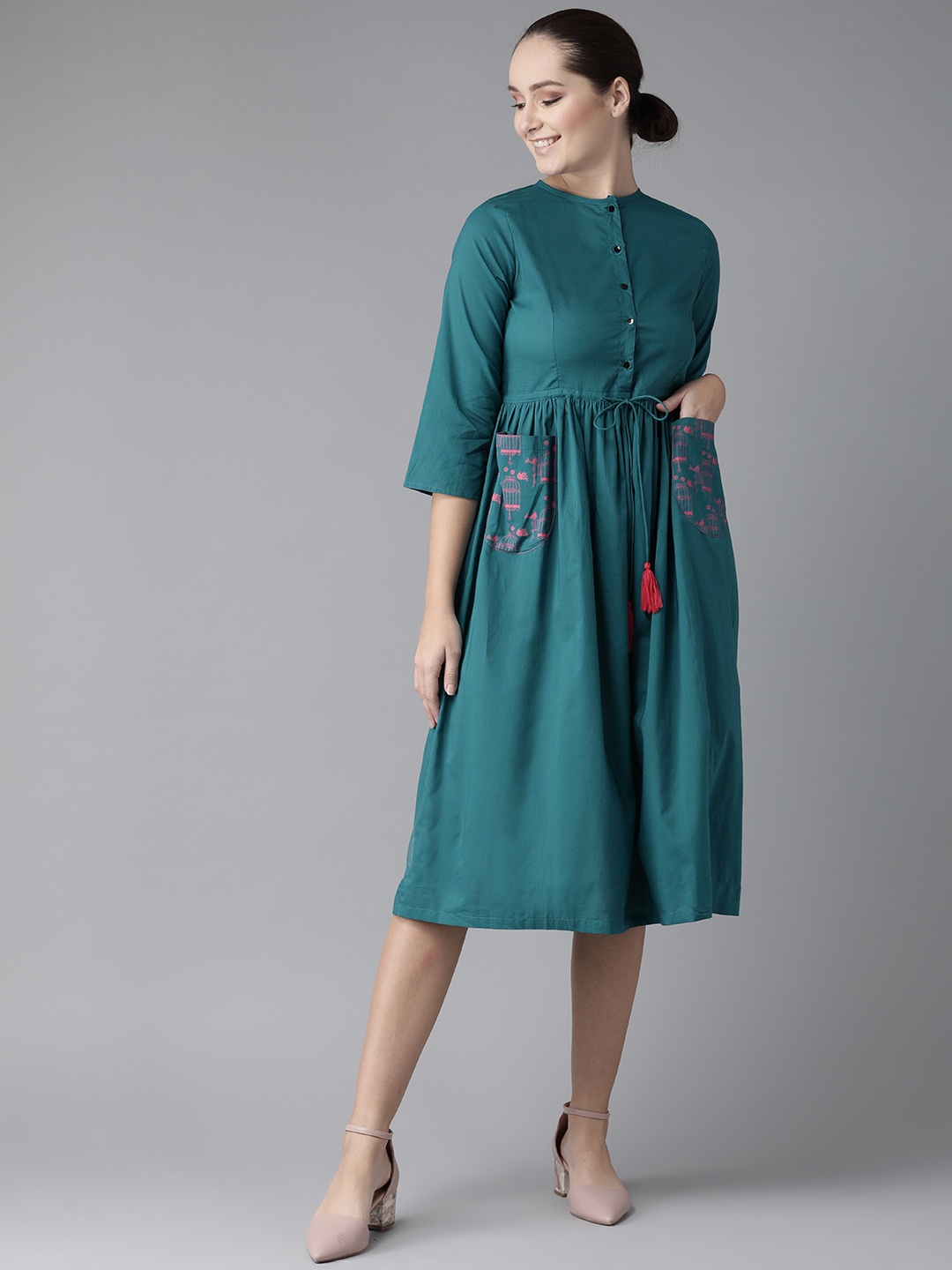 

Hubberholme Women Teal Blue Solid A-Line Ethnic Dress