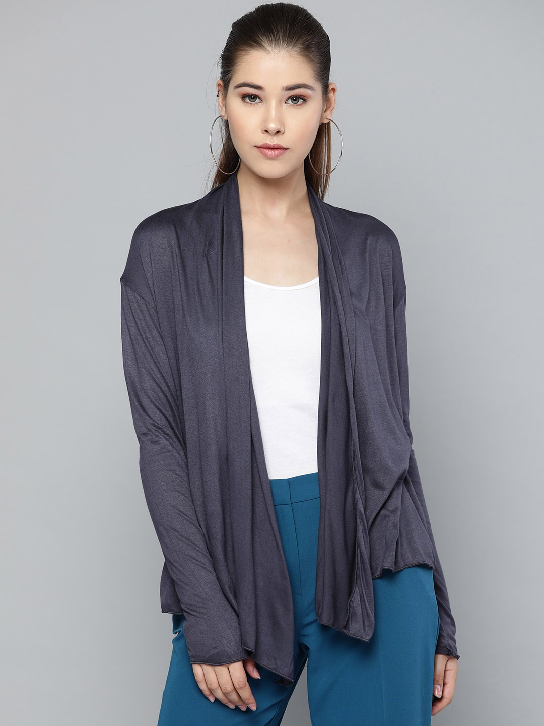 

Trend Arrest Women Charcoal Grey Solid Open Front Shrug