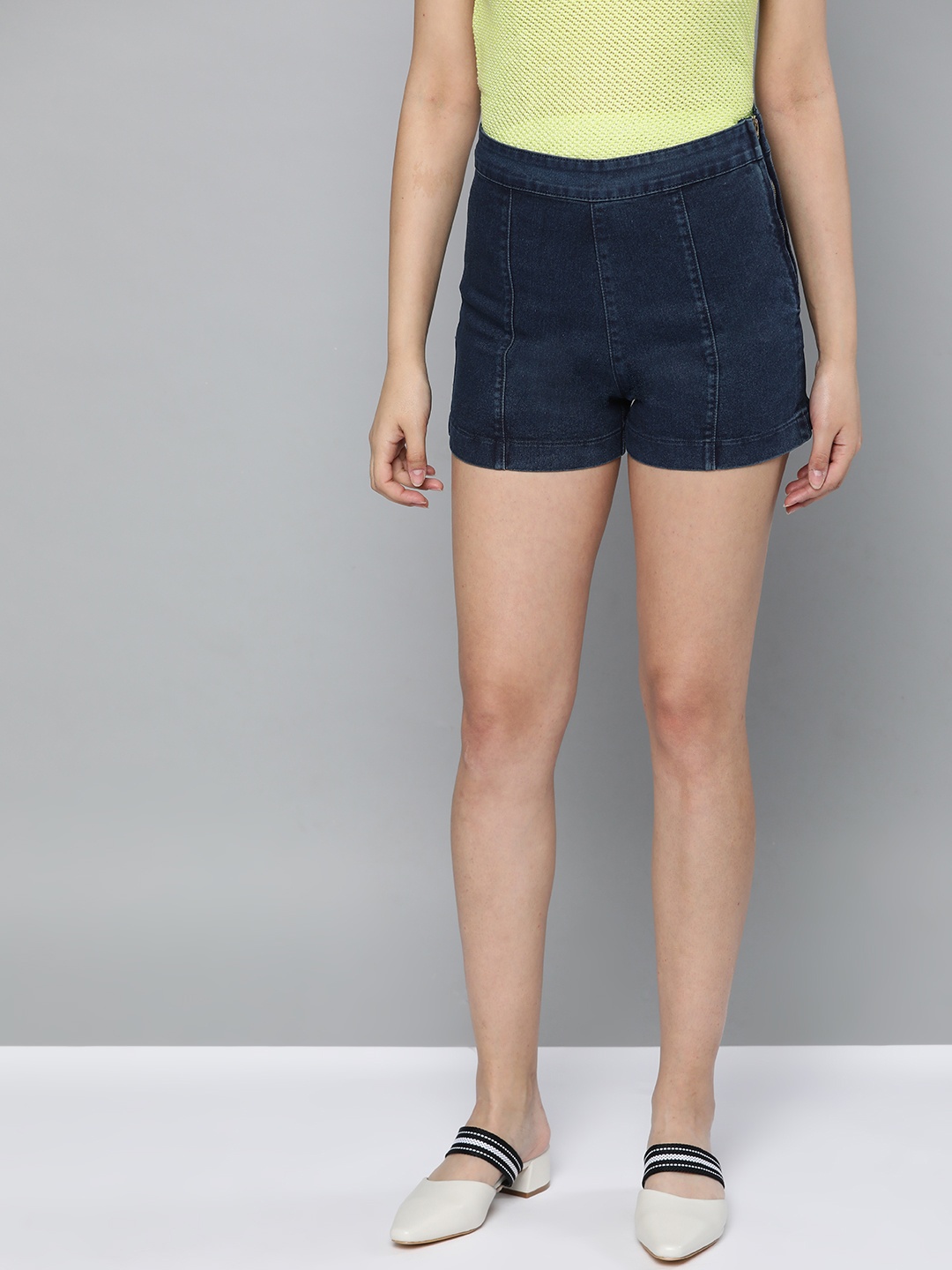 

Trend Arrest Women Navy Blue Solid Slim Fit Denim Shorts