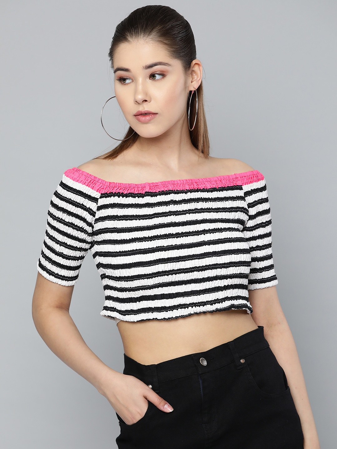 

Trend Arrest Women White & Black Striped Cropped Bardot Top