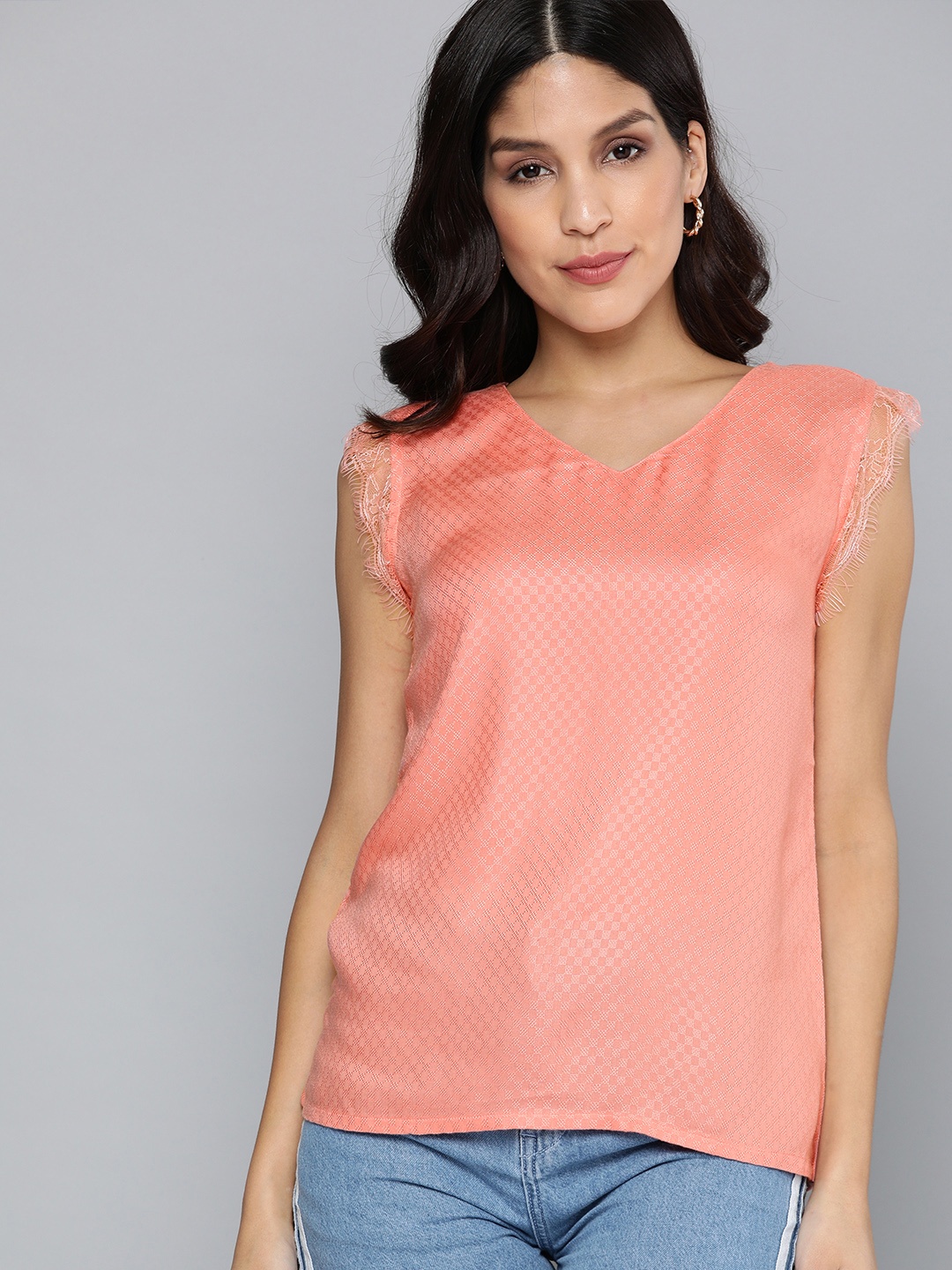 

HERE&NOW Women Peach-Coloured Self Design Top
