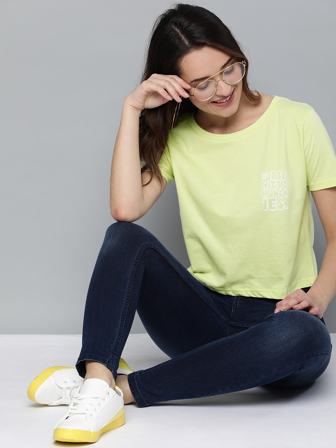 

HERE&NOW Women Green Printed Round Neck Cropped T-shirt