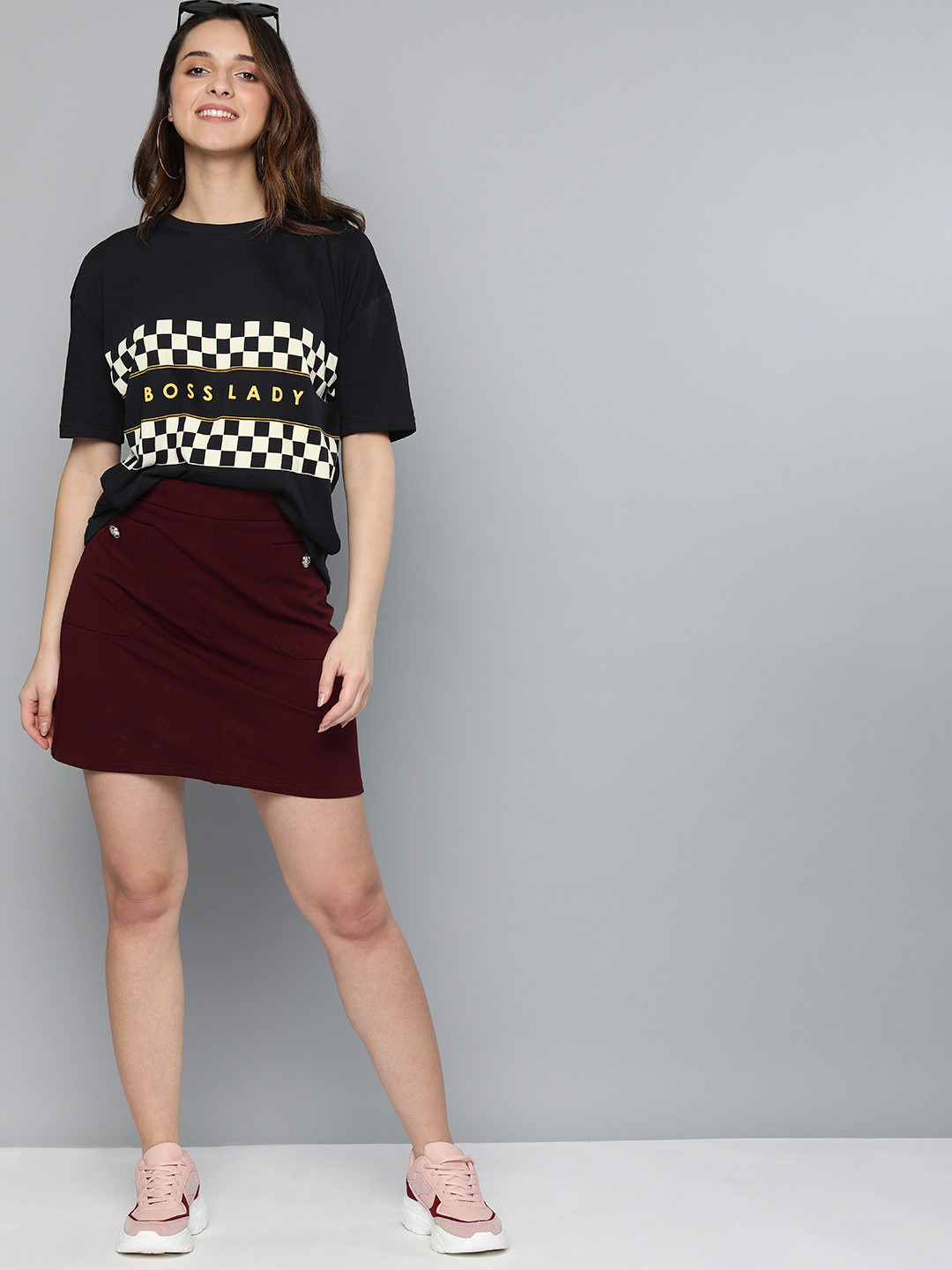 

HERE&NOW Women Black Checked Round Neck T-shirt