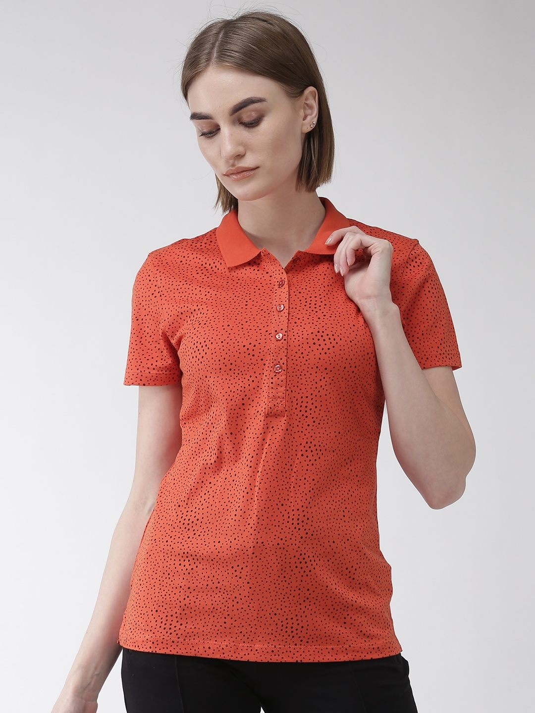 

Marks & Spencer Women Orange & Black Printed Polo Collar T-shirt