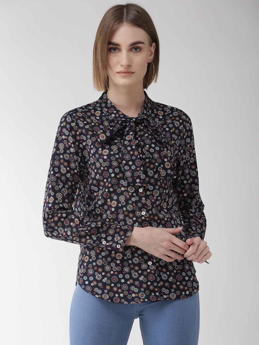 

Marks & Spencer Women Blue & Brown Printed Pure Cotton Shirt Style Pure Cotton Top, Navy blue