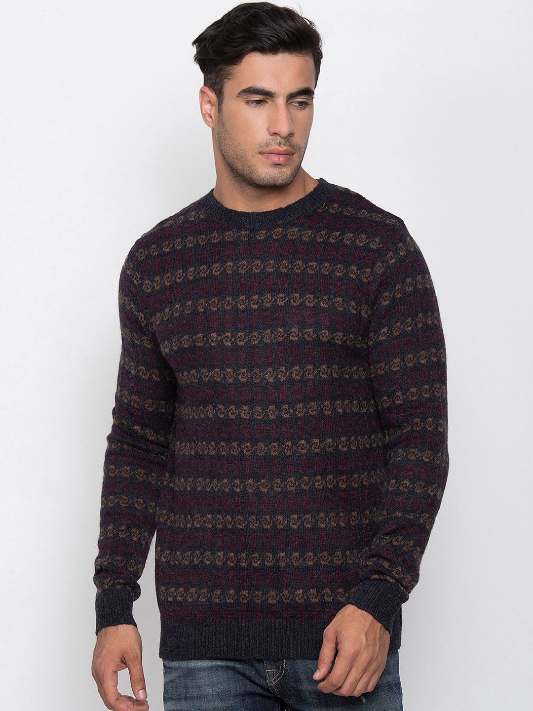 

Antony Morato Men Navy Blue & Maroon Self Design Sweater