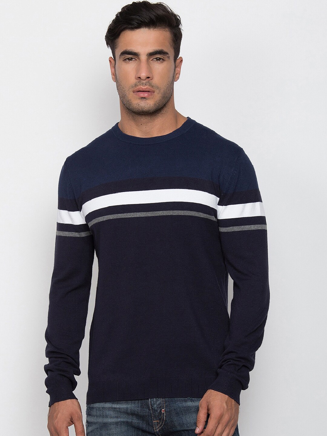 

Antony Morato Men Navy Blue Striped Sweater