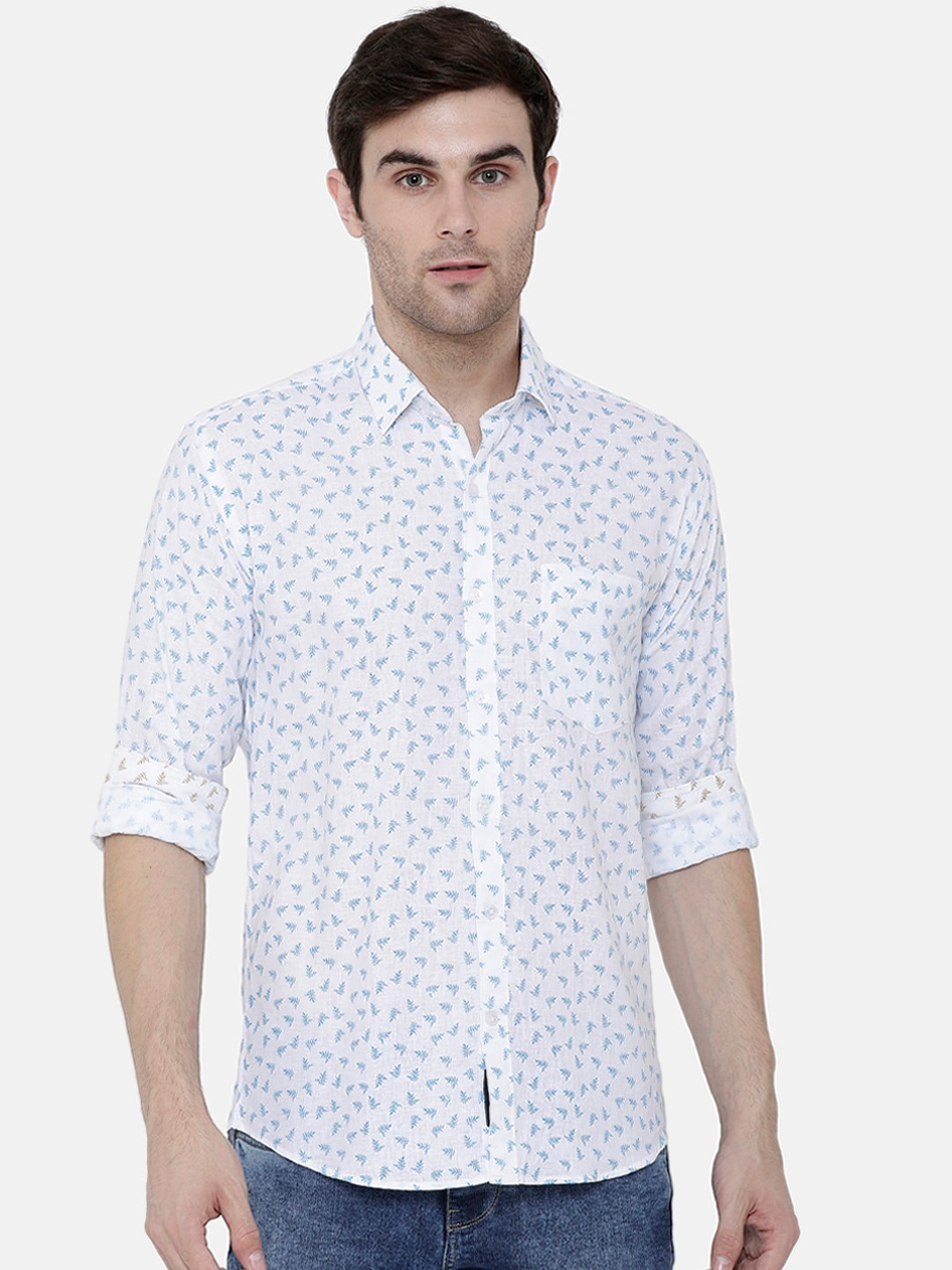 

CAVALLO by Linen Club Men White & Blue Printed Sustainable Linen Cotton Casual Shirt