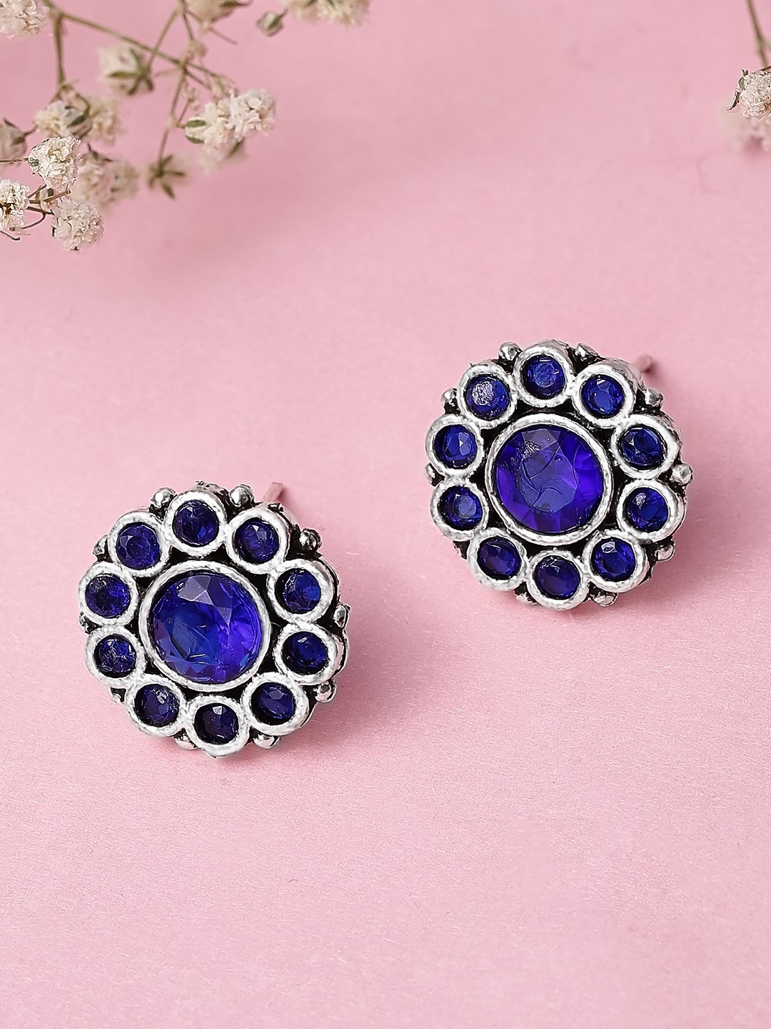 

Rubans Silver-Toned & Blue Oxidised Circular Studs