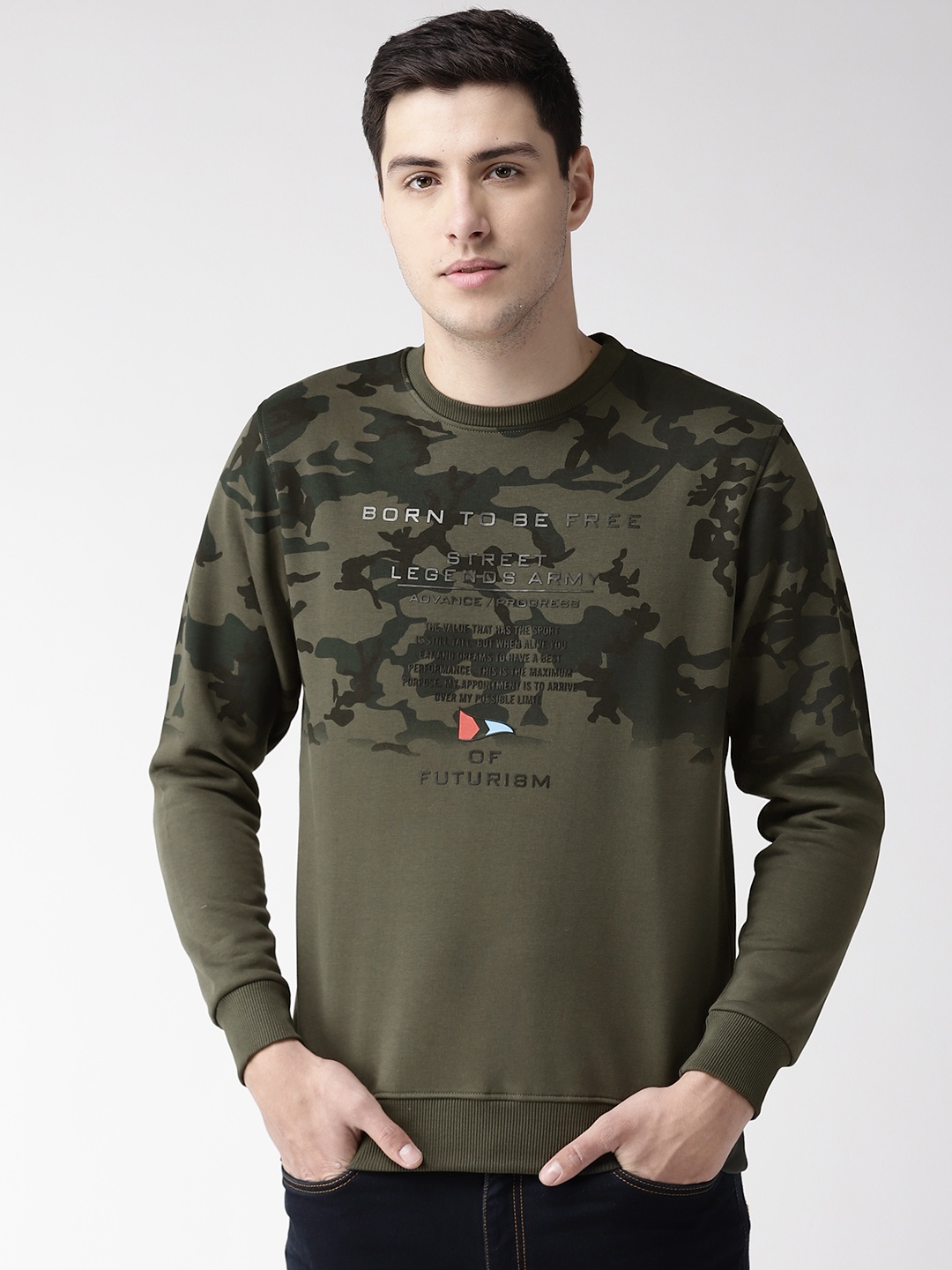 

Richlook Men Olive Green & Black Camouflage Print Sweatshirt
