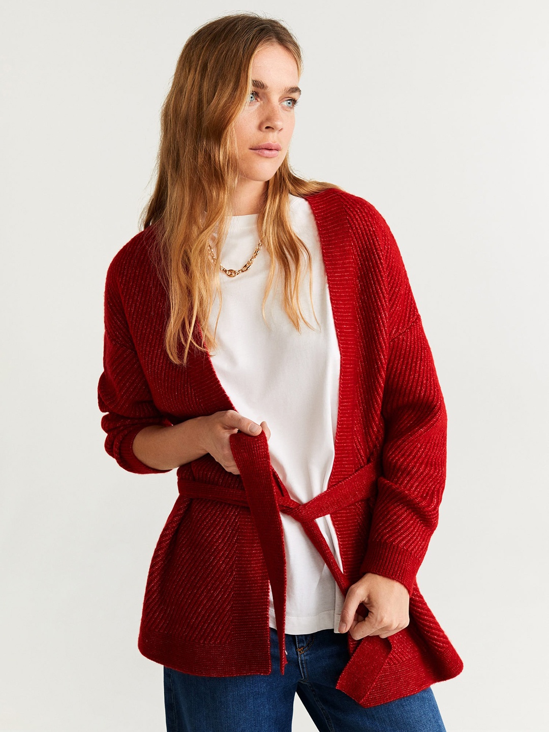 

MANGO Women Red Self-Striped Front-Open Sweater with Belt