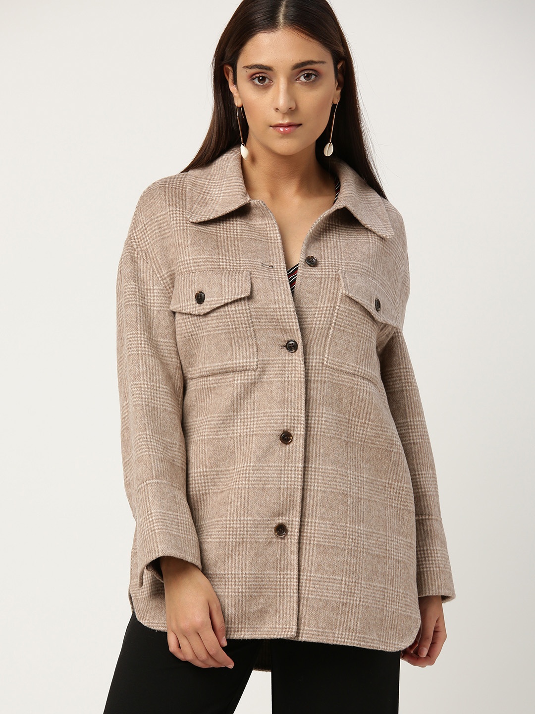 

MANGO Women Beige Handmade Checked Overcoat
