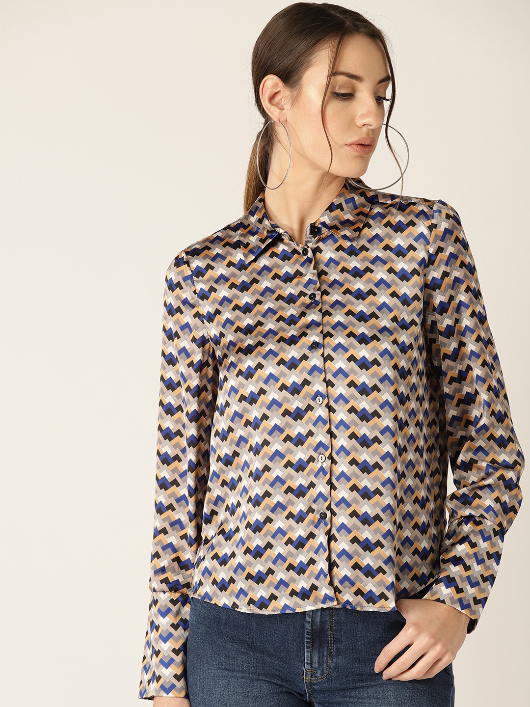 

MANGO Women Beige & Blue Regular Fit Printed Casual Shirt