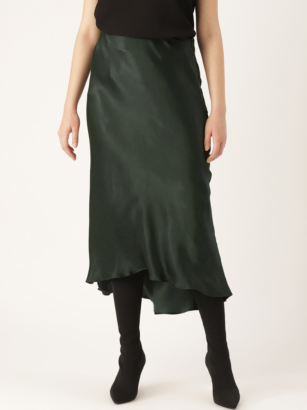 

MANGO Women Green Solid Straight Skirt With Satin Finish