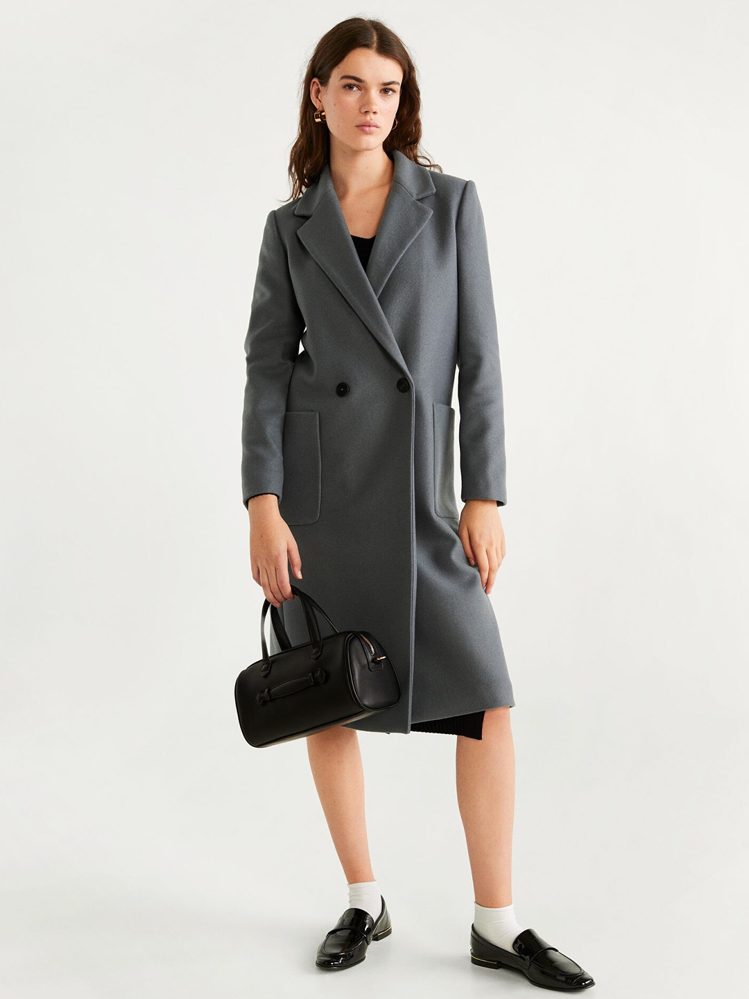 

MANGO Women Grey Solid Double-Breasted Overcoat