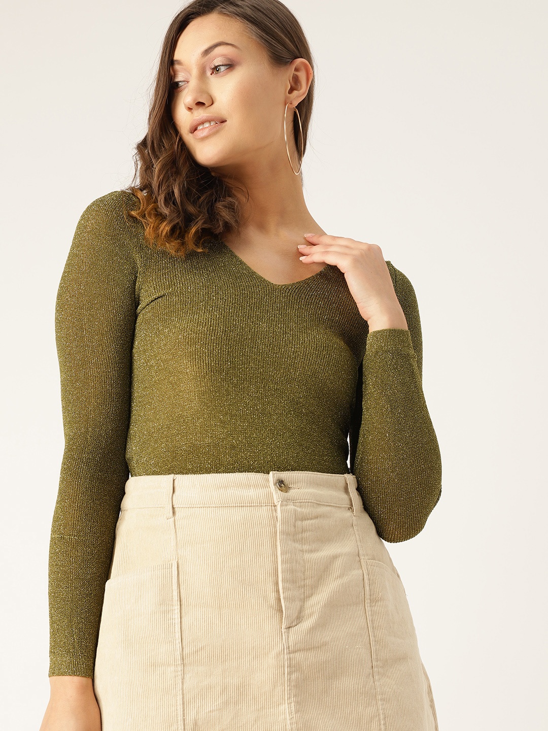 

MANGO Women Olive Green Solid Pullover Sweater