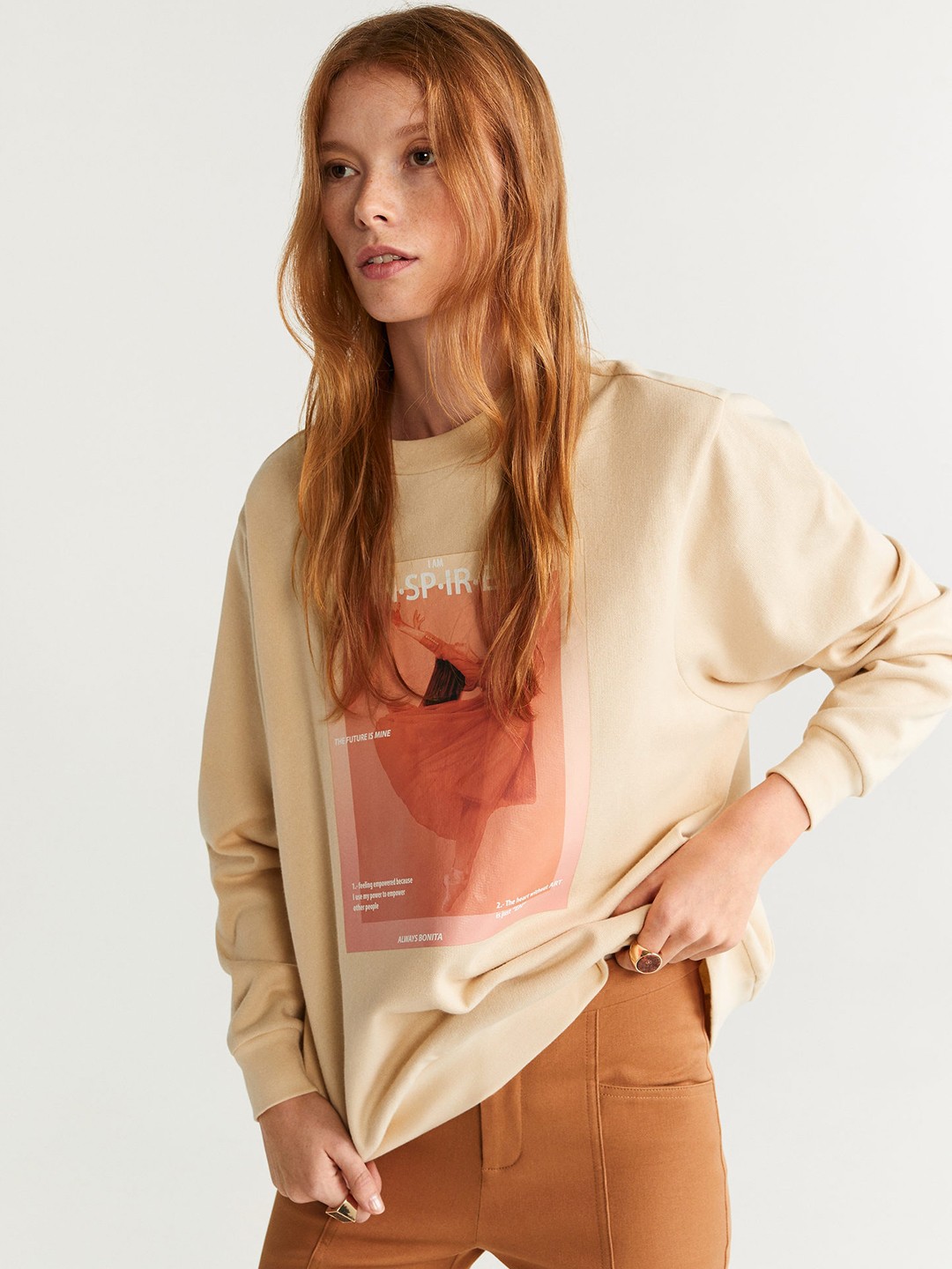 

MANGO Women Cream-Coloured & Peach-Coloured Printed Sweatshirt