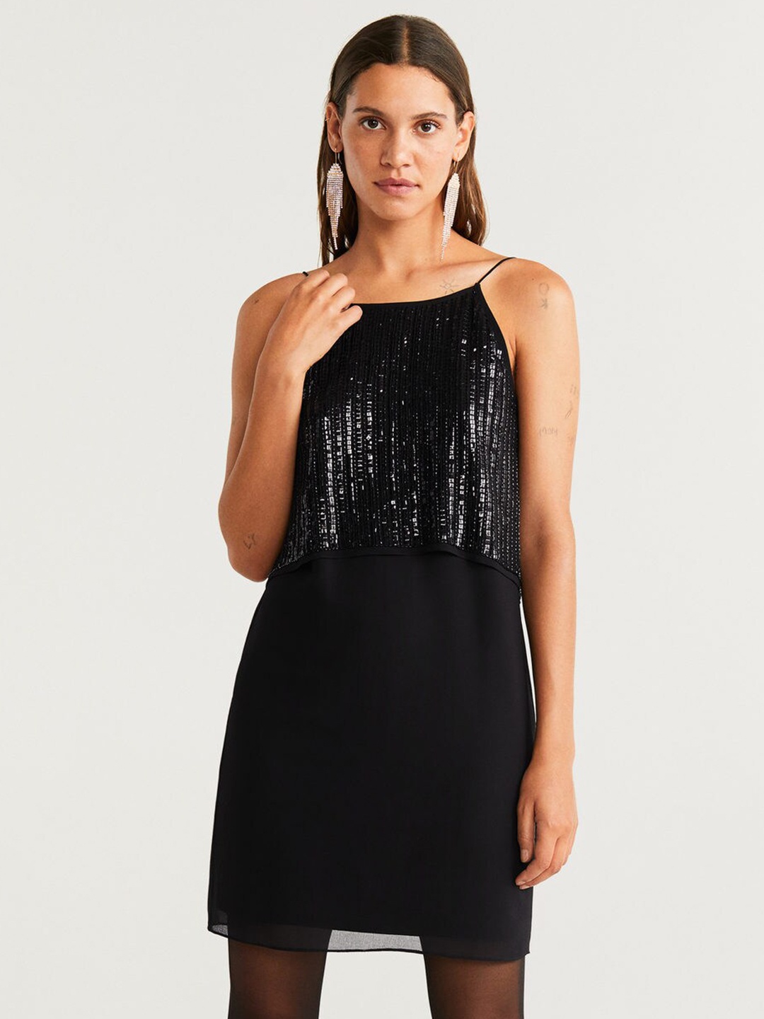 

MANGO Women Black Embellished Layered A-Line Dress