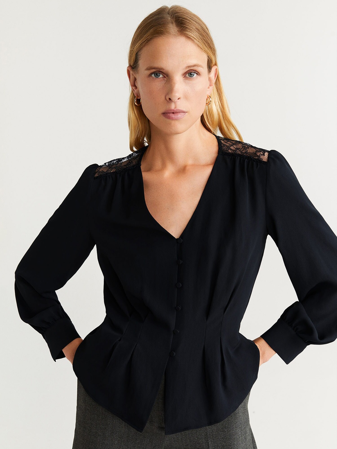

MANGO Women Black Solid Lace Detail Top