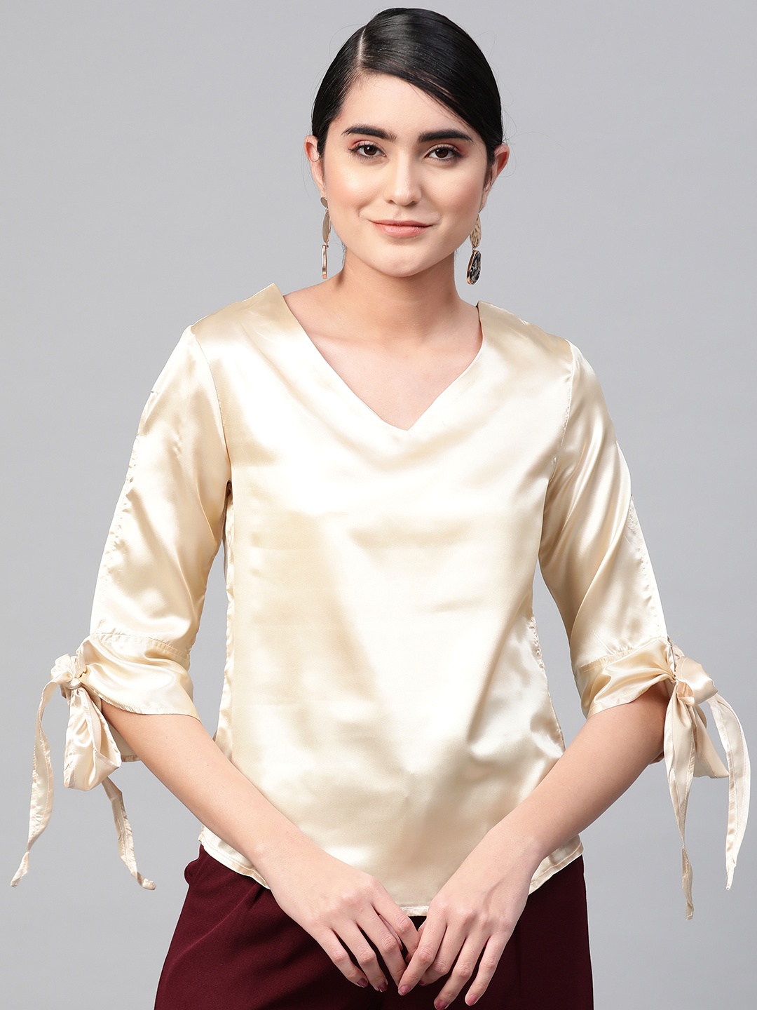 

RUNWAYIN Women Cream-Coloured Satin Finish Solid Top