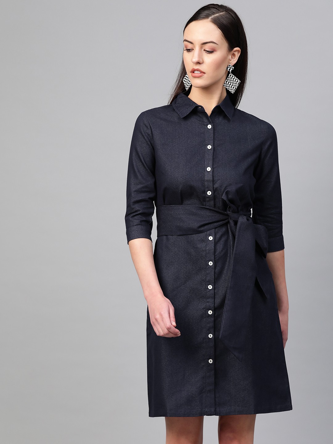 

RUNWAYIN Women Navy Blue Solid Chambray Shirt Dress